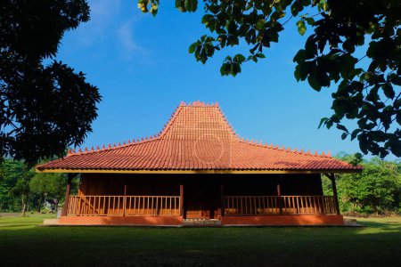 Photo for Jakarta, Indonesia, May 14 2023, traditional house from Central Java Indonesia, the building which is commonly called the pavilion or joglo house, joglo architecture from Java. Usually used for ceremonies and made of brown teak wood - Royalty Free Image