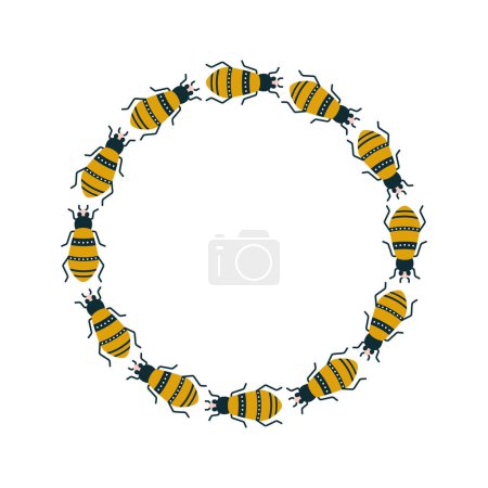 Vector symmetrical circle wreath with bugs and bees in art deco style. Animal prints for greeting cards, label designs and logos.
