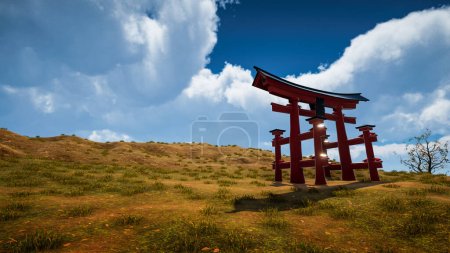 Foto de Representación 3D. Puerta tradicional japonesa Torii, símbolo del sintoísmo. Paisaje natural - Imagen libre de derechos