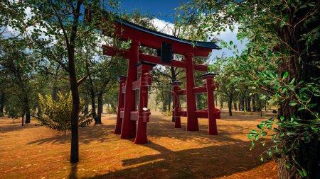 Téléchargez les photos : Rendu 3D. Porte traditionnelle japonaise Torii, symbole du shintoïsme. Paysage naturel - en image libre de droit