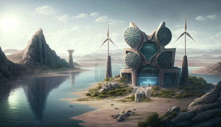 Futuristisches Haus in Wüstenoase mit See, umweltfreundlicher Technologie und Nachhaltigkeit