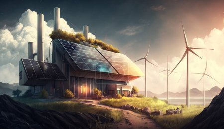 Téléchargez les photos : Illustration 3D d'une maison avec éolienne, panneaux solaires, jardin et climat - en image libre de droit