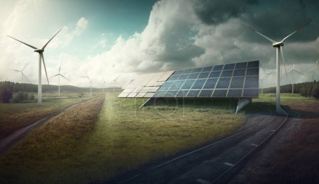 Illustration 3D de l'infrastructure des énergies renouvelables à la campagne avec panneaux solaires et éoliennes sur route