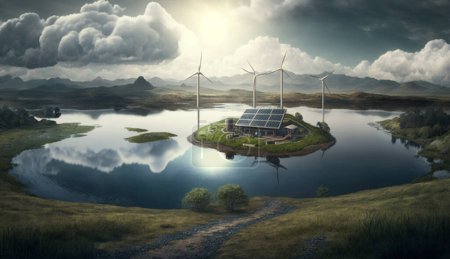 Foto de Eco-Friendly House by the Lake: Una ilustración 3D de la vida sostenible con paneles solares, turbinas eólicas y nubes - Imagen libre de derechos