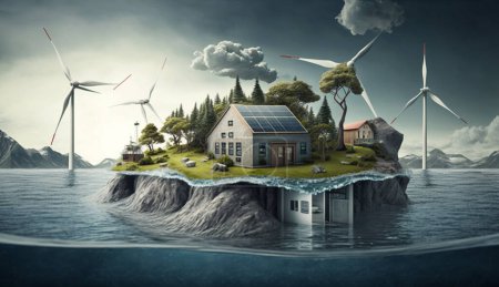 Téléchargez les photos : Maison de l'énergie verte sur une île - Illustration 3D d'une vie durable au milieu du changement climatique - en image libre de droit