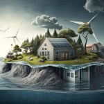 Green Energy House on an Island - 3D Illustration of Sustainable Living Amidst Climate Change