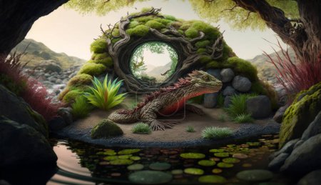 Imaginäre Tiermutation in einer Ruine des Regenwaldes, umgeben von Wasser: 3D-Illustration eines Ökosystems