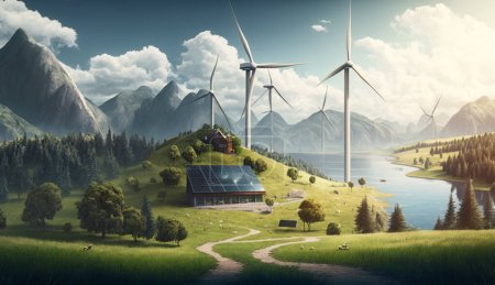 Photo for Peaceful 3D illustration of a forest with a river and green energy sources - Royalty Free Image