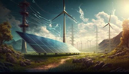 Energía renovable en la naturaleza: Ilustración 3D de postes de energía, turbinas eólicas y paneles solares