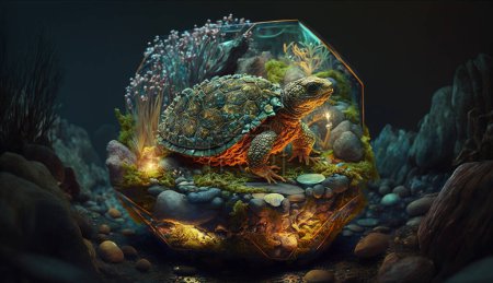 Illustration 3D d'une tortue dans un environnement naturel avec une sphère et une roche