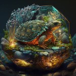 3D Illustration of a Turtle in a Natural Environment with a Sphere and Rock