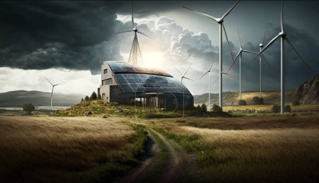 3D-Illustration einer nachhaltigen Farm mit Sonnenkollektoren, Windkraftanlagen und Natur
