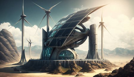 Téléchargez les photos : Parc éolien futuriste et panneaux solaires dans un paysage désertique - Illustration 3D - en image libre de droit