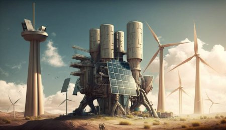 Torre de turbina eólica futurista con paneles solares en el paisaje del desierto Ilustración 3D