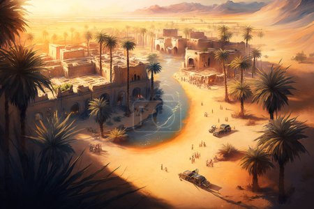 Téléchargez les photos : Oasis du désert : une retraite sereine au milieu du paysage aride avec des palmiers, une rivière sinueuse et des chameaux à la lumière de l'heure dorée. - en image libre de droit