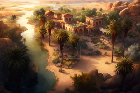 Téléchargez les photos : Oasis du désert : une retraite sereine au milieu du paysage aride avec des palmiers, une rivière sinueuse et des chameaux à la lumière de l'heure dorée. - en image libre de droit