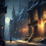 A Cozy European Village at the Foot of Snow-Capped Mountains with Warm Streetlights and a Quaint Atmosphere - Cityscape Art