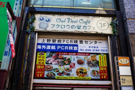 Foto de Tokio, Japón, 26 de octubre de 2023: Entrada al café con temática de búho pintoresco - Imagen libre de derechos