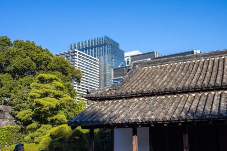 Photo for Tokyo, Japan, 26 October 2023: Modern buildings peeking above traditional Japanese rooftops - Royalty Free Image