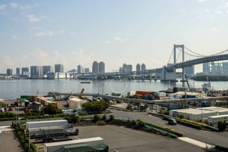 Photo for Tokyo, Japan, 27 October 2023: Scenic view of Rainbow Bridge and Tokyo waterfront from a distance - Royalty Free Image