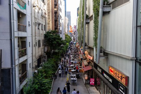 Téléchargez les photos : Tokyo, Japon, 29 octobre 2023 : Vue aérienne d'une ruelle animée de Tokyo avec boutiques et piétons - en image libre de droit