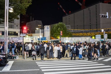Téléchargez les photos : Tokyo, Japon, 29 octobre 2023 : Des foules attendent de traverser la rue à Shinjuku la nuit - en image libre de droit