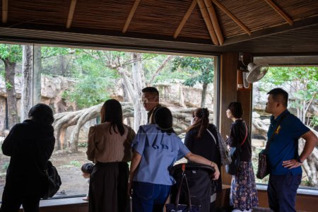 Téléchargez les photos : Tokyo, Japon, 31 Octobre 2023 : Visiteurs au Zoo d'Ueno observant des éléphants - en image libre de droit