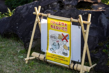Téléchargez les photos : Tokyo, Japon, 1er novembre 2023 : Panneau avertissant contre l'alimentation des pigeons dans un parc - en image libre de droit