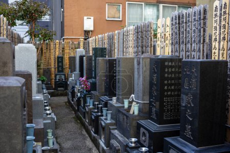 Photo for Tokyo, Japan, 1 November 2023: Japanese cemetery with traditional tombstones and offerings - Royalty Free Image
