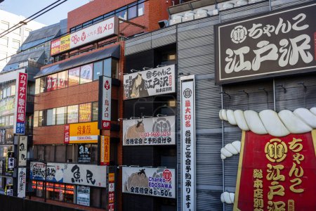 Foto de Tokio, Japón, 1 de noviembre de 2023: Coloridos letreros de escaparates en un concurrido distrito comercial - Imagen libre de derechos