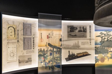 Photo for Tokyo, Japan, 3 November 2023: Exhibition of historical Japanese railway tickets and artwork - Royalty Free Image
