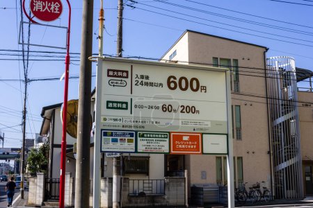 Photo for Tokyo, Japan, 3 November 2023: Urban Parking Lot with Price Information Signboard - Royalty Free Image