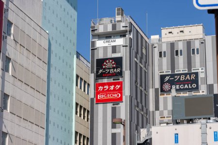Téléchargez les photos : Tokyo, Japon, 3 novembre 2023 : Signalisation karaoké et bar sur un immeuble de plusieurs étages - en image libre de droit
