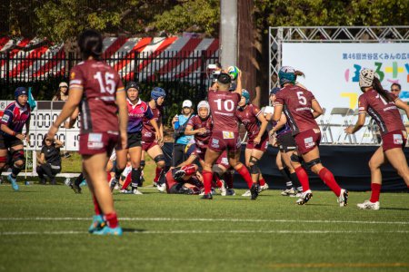 Photo for Tokyo, Japan, 4 November 2023: Intense Moment at a Women's Rugby Match in a Local Tournament - Royalty Free Image