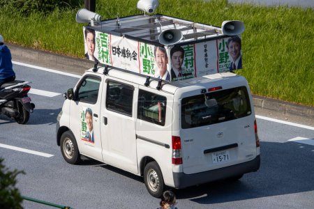 Photo for Tokyo, Japan, 4 November 2023: Campaign Van with Mounted Loudspeakers Promoting Political Candidates - Royalty Free Image
