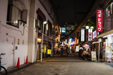 Foto de Tokio, Japón, 7 de noviembre de 2024: Vida nocturna vibrante en el callejón de Tokio con signos de neón - Imagen libre de derechos