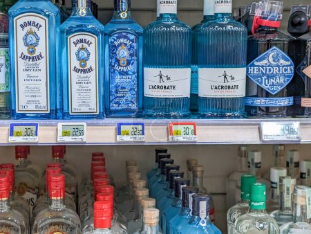 Photo for France, 6 March 2024 : Assortment of gin bottles on supermarket shelf - Royalty Free Image