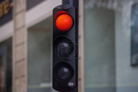 Photo for France, 04 April 2024: Red Traffic Light on Urban Street - Royalty Free Image