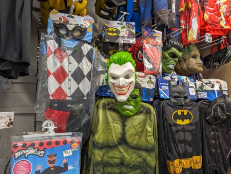 Photo for France, April 26, 2024: Diverse selection of superhero and character costumes displayed in a store - Royalty Free Image