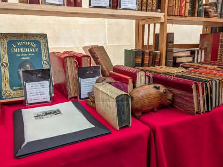 Foto de Francia, 7, abril, 2024: Libros antiguos exhibidos en un puesto de mercado. - Imagen libre de derechos