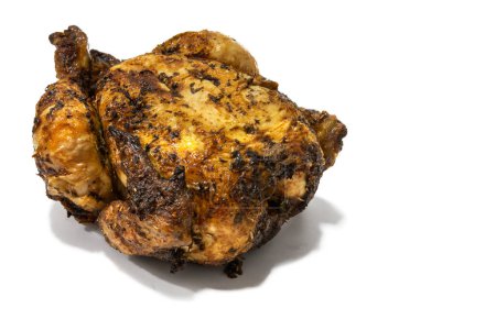 A whole roast chicken. Isolated on a white background.Savor the succulent perfection of a whole roasted and golden chicken, a culinary masterpiece that tantalizes the senses.