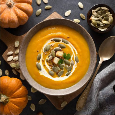Photo for Tasty smashes pumpkin soup with bread and pumpkin seeds served in bowl. AI generative illustration - Royalty Free Image