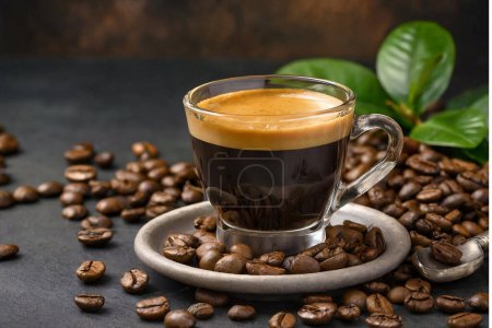 Foto de Café negro americano o expreso servido en taza con granos de café alrededor - Imagen libre de derechos