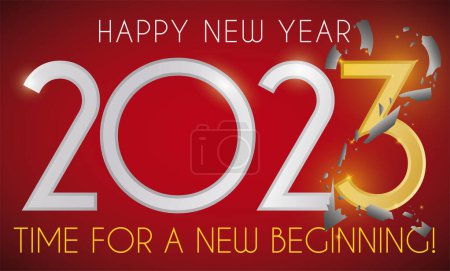 Illustration for Greeting design for New Year commemorating the new beginning with shattered number 2 over the 3, over red background. - Royalty Free Image