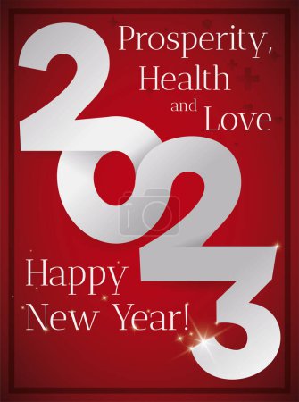 Ilustración de Diseño vertical con fondo rojo, números unidos que forman el 2023 y le desea un feliz año nuevo con prosperidad, salud y amor. - Imagen libre de derechos