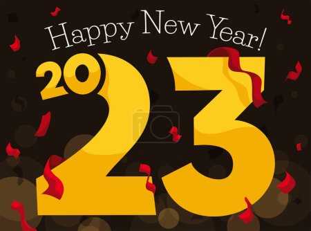 Illustration for Festive design with golden number 2023, red confetti and streamers to celebrate a happy New Year. Design in cartoon style over dark background with bokeh effect. - Royalty Free Image