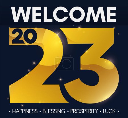 Illustration for Design with welcome for the New Year 2023 with golden numbers, magical glows and best wishes - Royalty Free Image