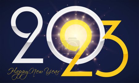 Illustration for Silver and golden number 2023  with glows, sparkles and greeting for a happy New Year. Design in gradient style over dark blue background. - Royalty Free Image