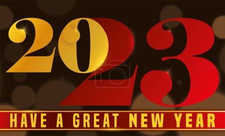 Illustration for Big numbers '2023' merged in golden and red colors with greeting ribbon wishing you a great New Year. - Royalty Free Image