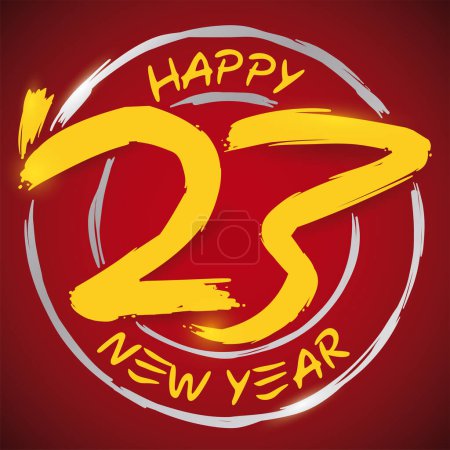 Illustration for Silver and golden round sign in brush strokes wishing you a Happy New Year 2023. - Royalty Free Image
